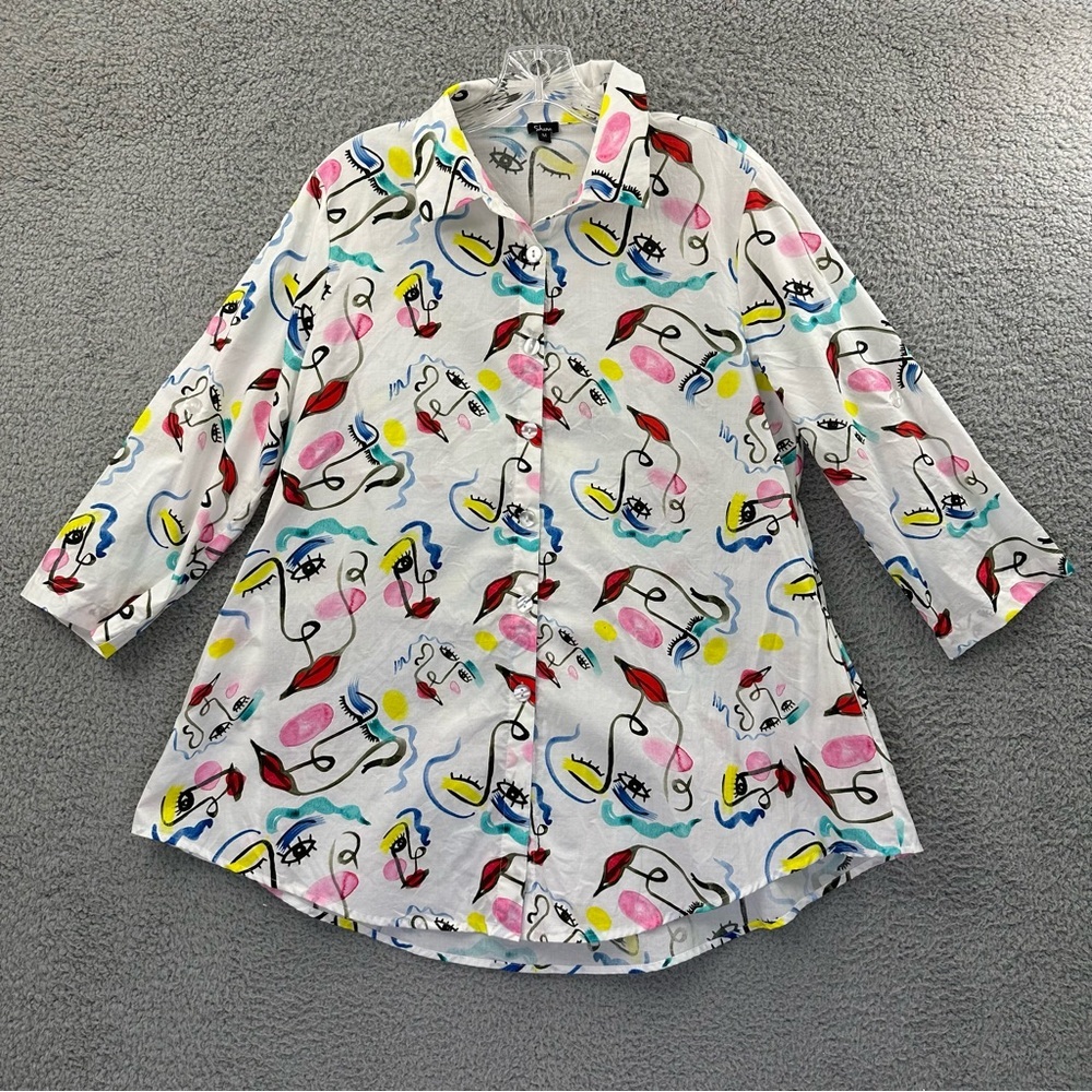 Shana 3/4 Sleeve Button Up Top Zipper‎ Back Faces Art To Wear Artsy Women's M